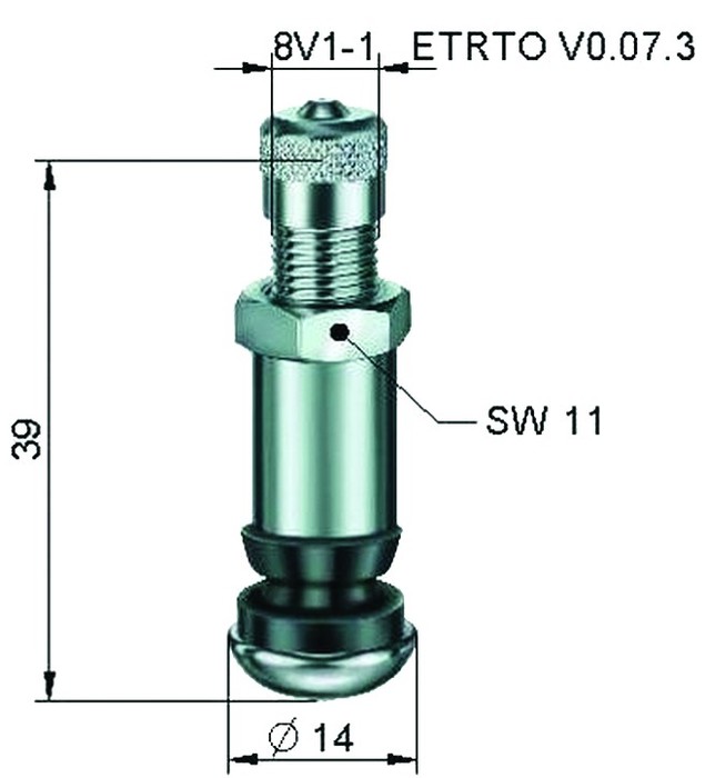 TL-MET.VENTIIL. NIKELDATUD. L=39MM. AVA=8.3MM. 14BAR S / A