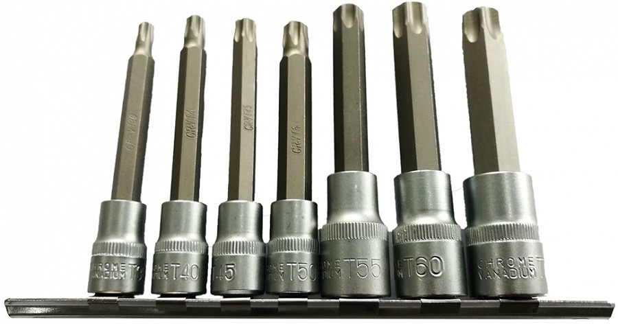 7-OS. PIKKADE TORX PADRUNOTSIKUTE KOMPLEKT 3 / 8 JA 1 / 2" (T30-T70) METALLSIIN JBM