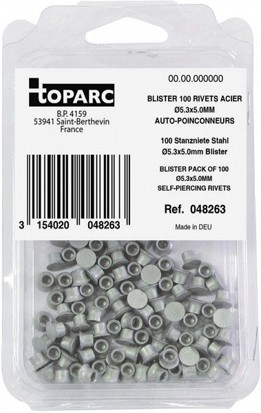 100 SELF PIERCING STEEL RIVETS STEEL Ø5.3X5.0MM - BLISTER PACK