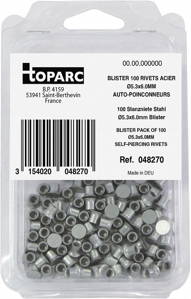 100 SELF PIERCING STEEL RIVETS STEEL Ø5.3X6.0MM - BLISTER PACK