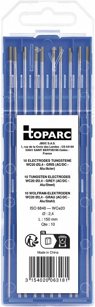 10 ELECTRODES - TUNGSTEN WC20 Ø2.4 - GREY (AC / DC - ALUMINIUM / STE GYS