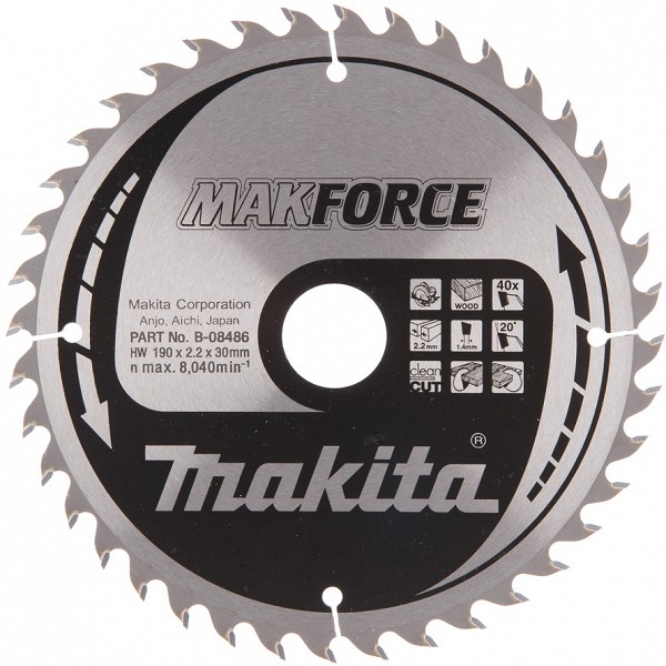 SAEKETAS 190X30 / 20 / 16X2.2MM 40T 20° RISTI-PIKI. CLEAN CUT. MAKFORCE MAKITA